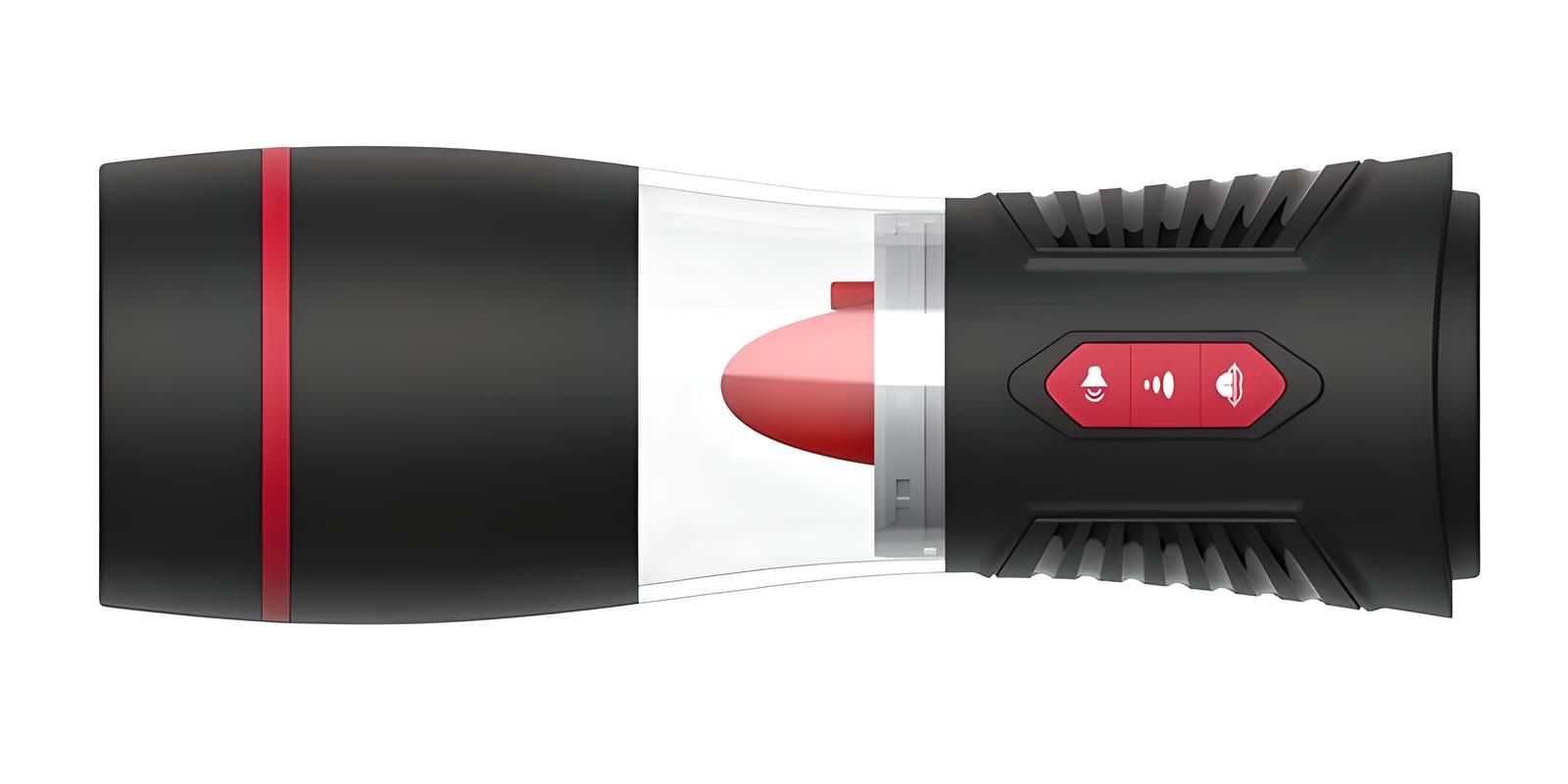 Automatic male masturbator with realistic tongue-like stimulator and suction feature